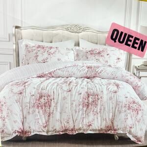 NEW Shabby Chic 3 Piece Cotton Comforter Set -Pink White Floral, Queen Size
